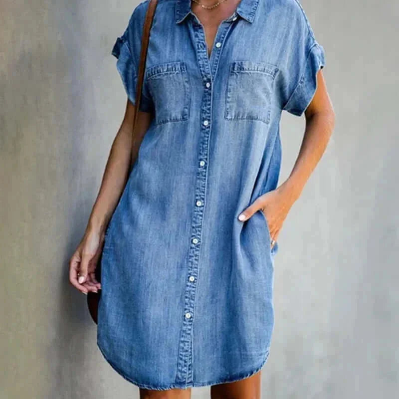 "Denim casual dress with button front, perfect for everyday wear, Skyy brand"