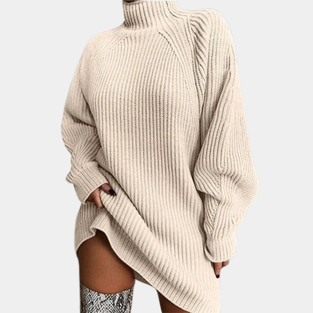 "Apricot rib-knit sweater dress with oversized fit for cozy winter style"