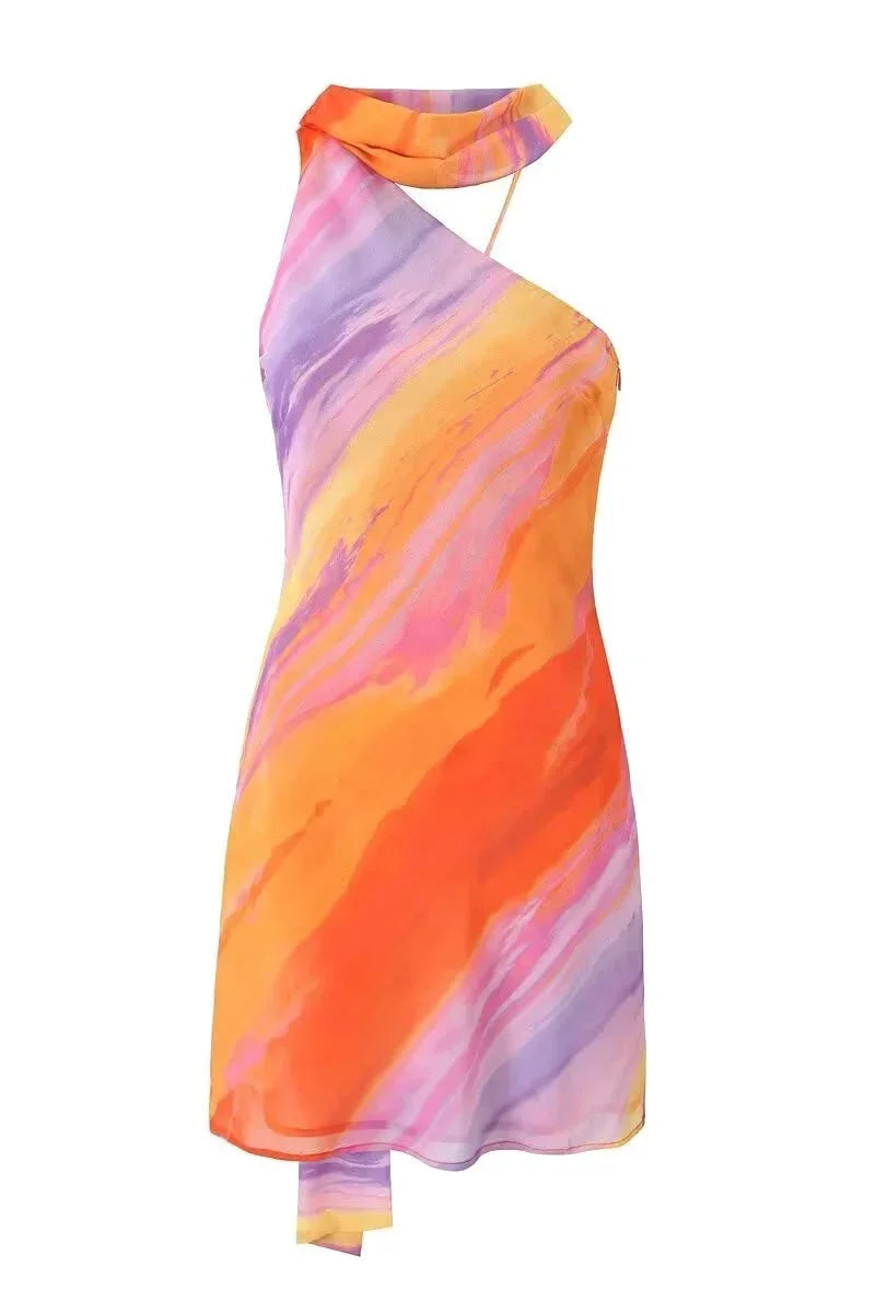 "Women's halter dress with multicolored swirl print, perfect for a summer day out, made from lightweight and breathable…