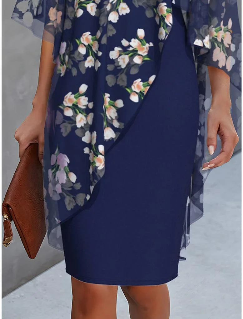 Knee-length dress featuring floral chiffon overlay, perfect for a casual yet elegant look.