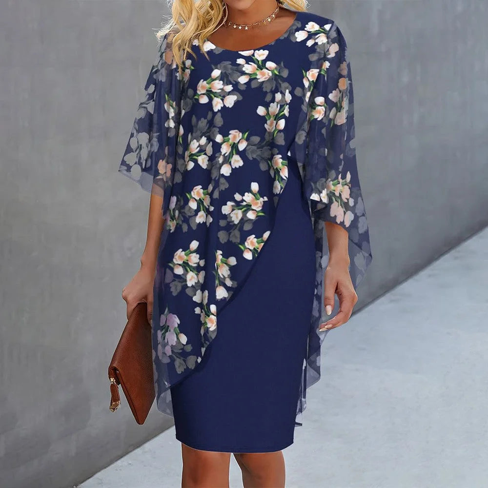 "Knee-length dress with floral chiffon overlay, perfect for spring events"