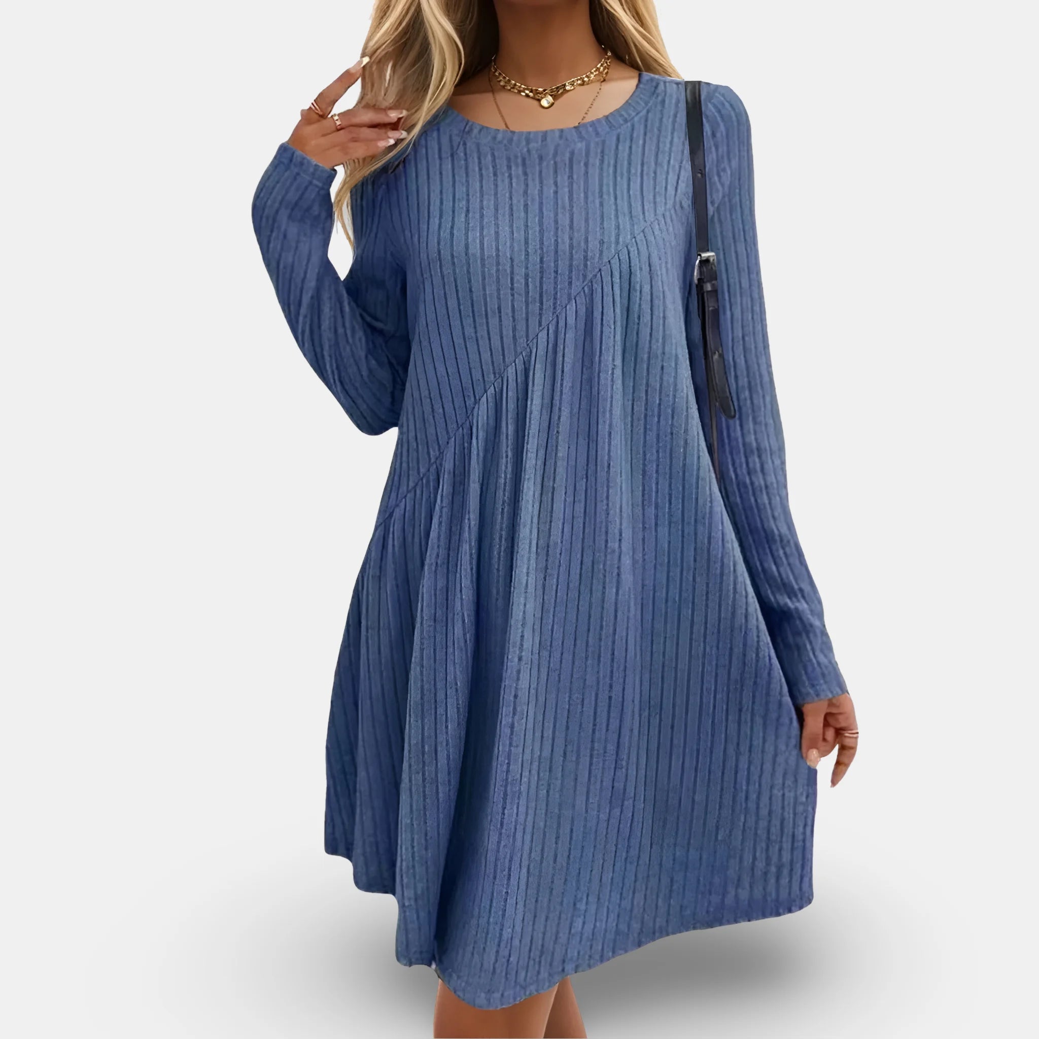 Blue dress with textured design and long sleeves. Flowing silhouette, perfect for any occasion.