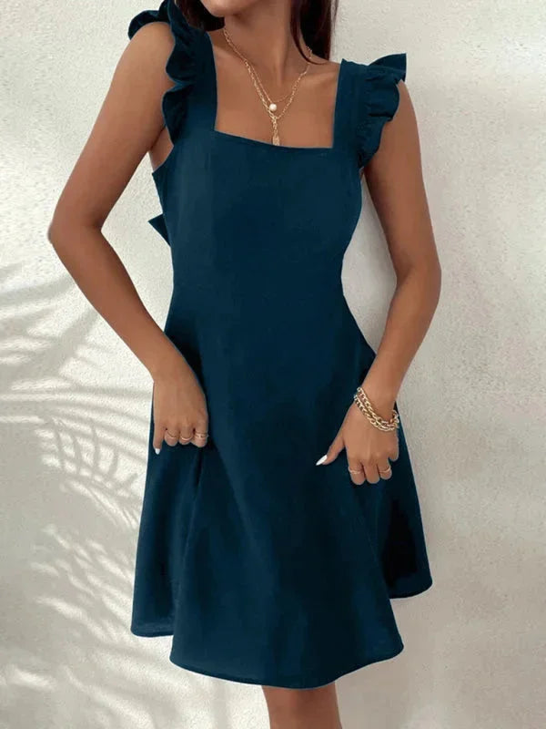 "Black fitted dress with ruffle straps for women, made from lightweight cotton blend fabric."
