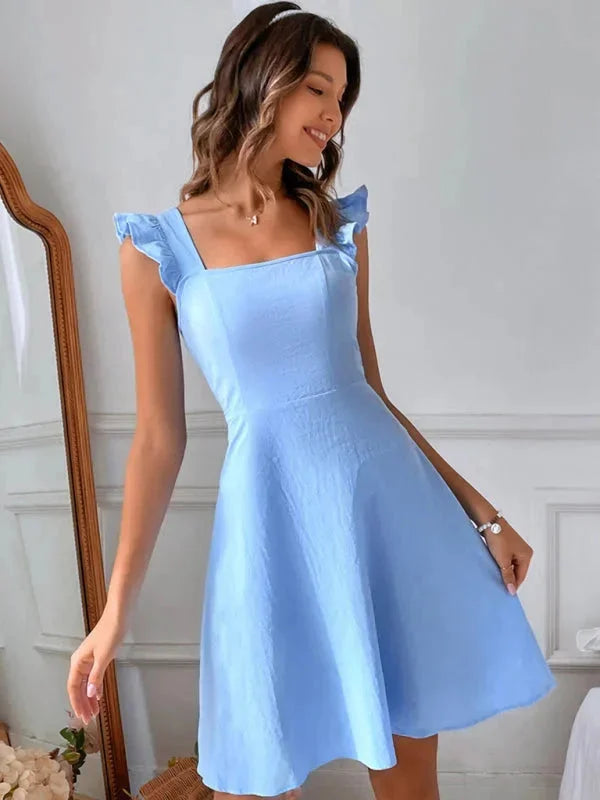 Sky blue fitted dress for women featuring ruffle straps. Made of soft, breathable fabric for a chic and comfortable look.