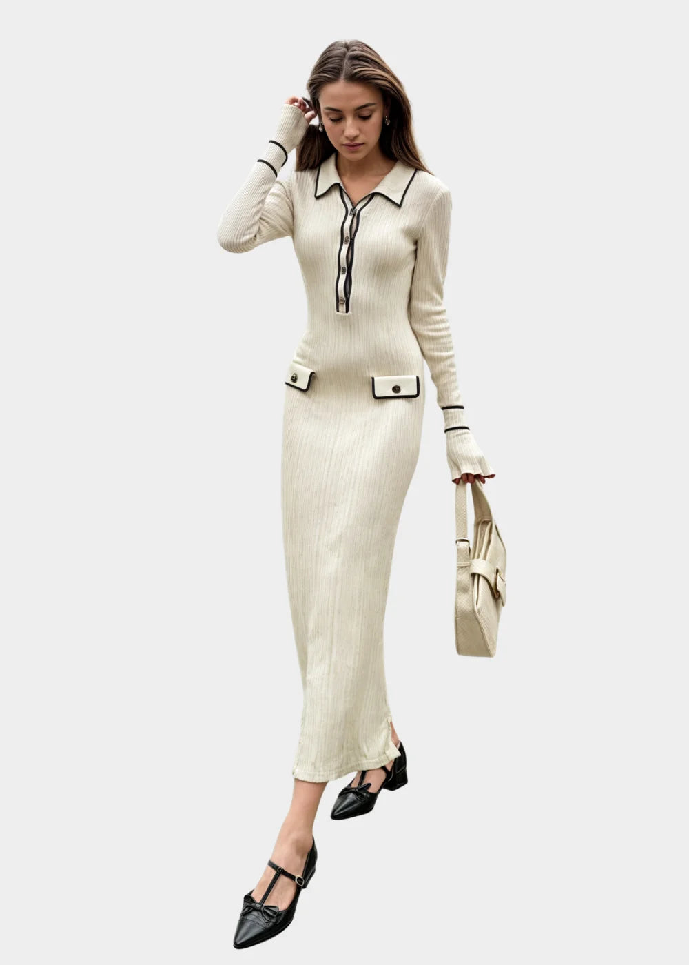 Beige ribbed knit dress with buttoned collar, sleek design, and comfortable fit for versatile styling.