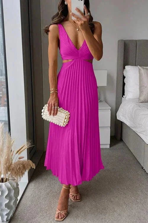 Pink pleated midi dress with side cut-outs for women, perfect for a chic and stylish look.