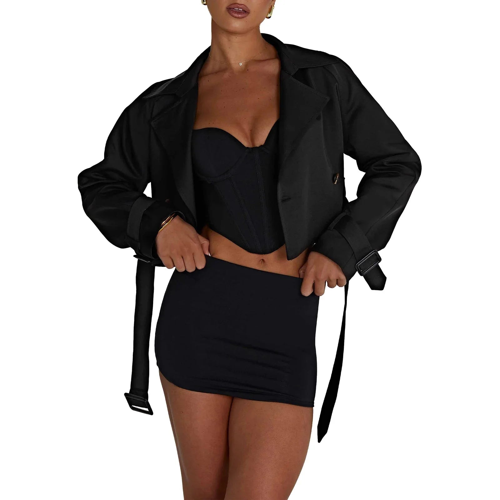 Black cropped jacket in a versatile design crafted from high-quality fabric, featuring a modern silhouette perfect for…